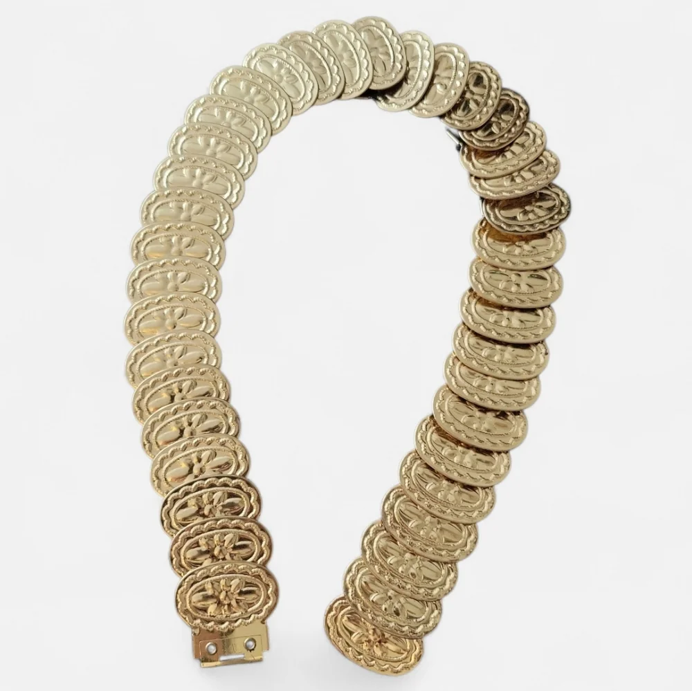 Gold Tone Medallion Coin Stretchy Belt Eclectic Boho Hippie Floral Vintage 70s